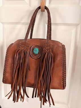American Darling Brown Leather Fringe Tote with Turquoise Accent